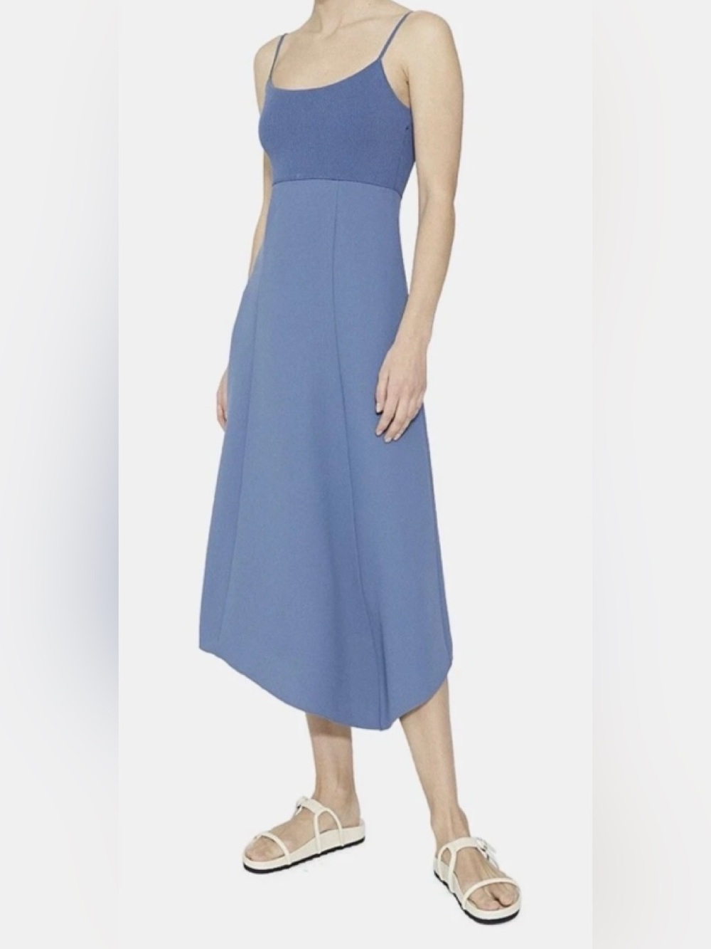 THEORY Slip Flare Dress Scoop Neck Spaghetti Strap, Steel Blue Medium